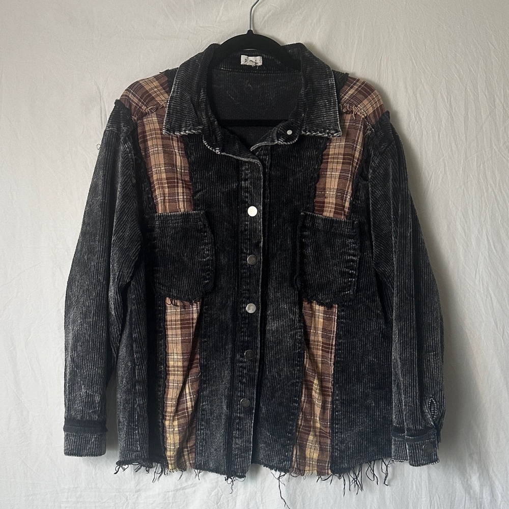 POL Black Corduroy Jean Jacket with Brown Plaid Panels